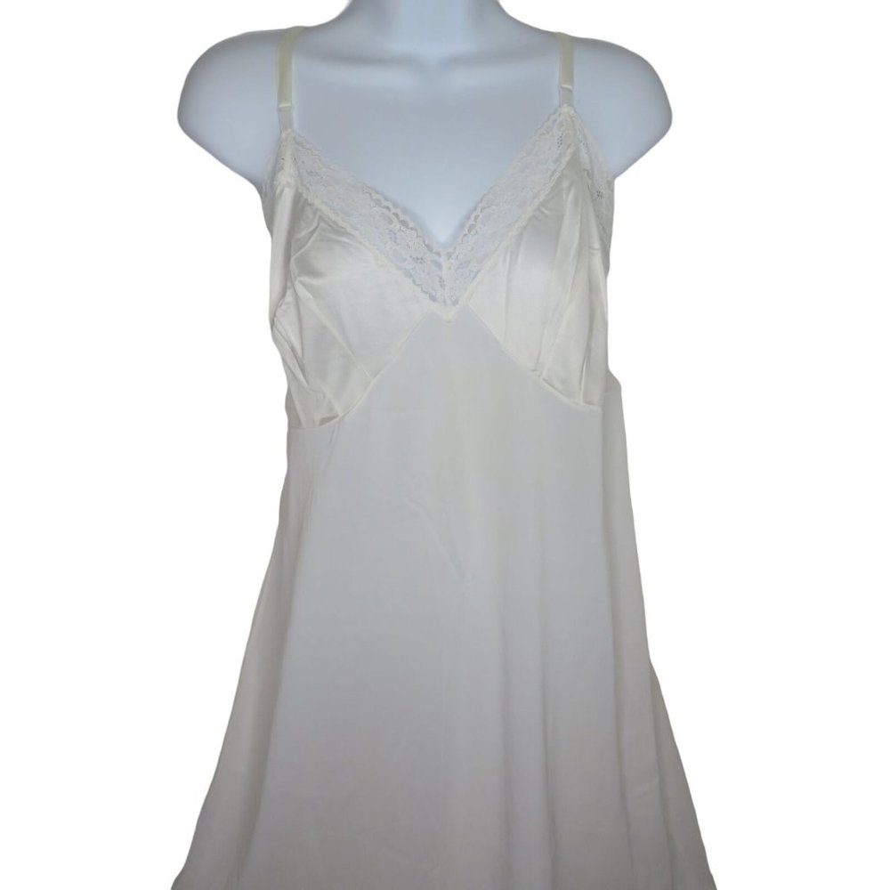 Vintage Knee Length Nylon Chemise Slip Dress M White Lace Adjustable Straps USA